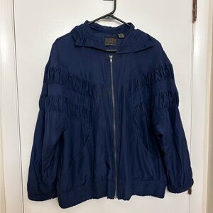 VINTAGE | 100% Silk Bomber Windbreaker Jacket | Navy Blue Ruffle Smock | Size S